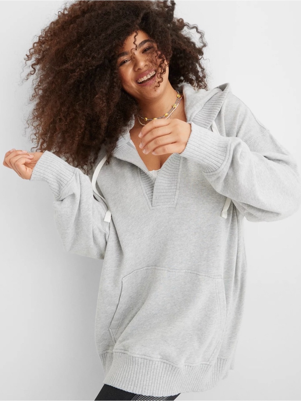 Aerie Down-To-Earth Henley Hoodie in Heather Grey